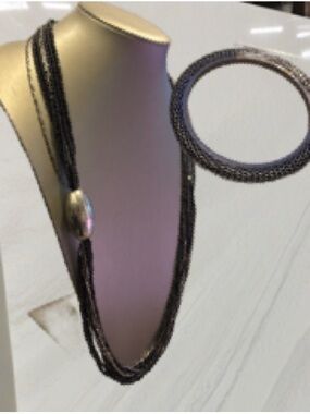 2/$25 Multi-Strand Black Beaded Necklace with Silver Accent bonus mesh bangle